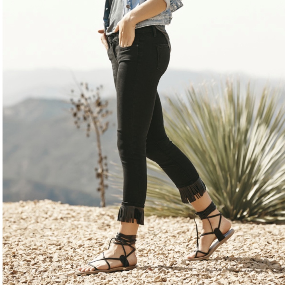 PAIGE Verdugo Ankle Skinny in ‘Yuna Black’ Faded Wash with Leather Fringe Hem